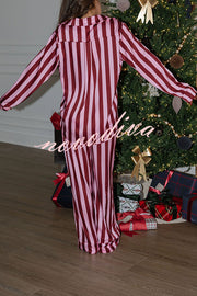 Courtney Satin Colorblock Striped Loose Shirt and Elastic Waist Pocketed Pajama Set