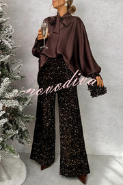 Chic and Merry Velvet Sequin High Rise Elastic Waist Flare Pants