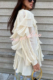 Autumn Boho Chiffon Lace Trim Ruffle Balloon Sleeve Blouse