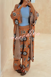 Mediterranean Art Knit Unique Sun Vortex Print Bell Sleeve Long Cardigan