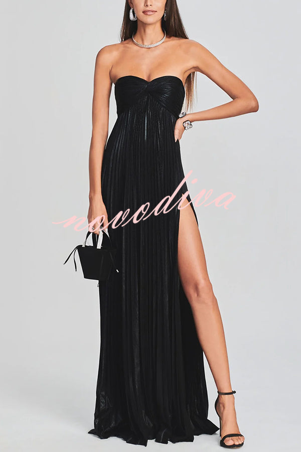 Metallic Sexy Tube Top Pleated High Slit Maxi Dress