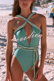 Sexy V-neck Cross-tie Elastic One-piece Swimsuit