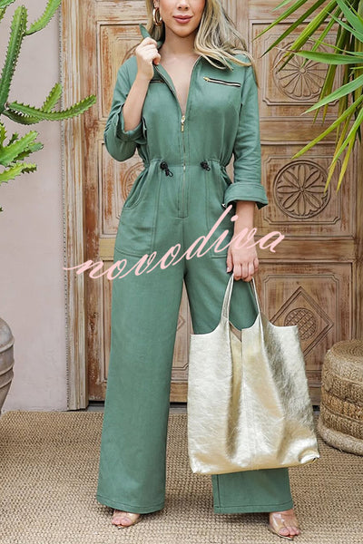 Street Glamour Zipper Stand Collar Drawstring Waist Pocket Loose Jumpsuit