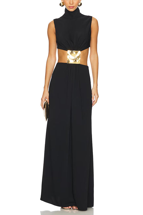 Avery High Neck Metal Decoration Cutout Waist Maxi Dress