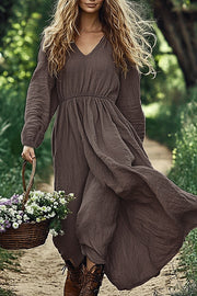 Linen Blend V-neck Long-sleeved Loose Holiday Style Midi Dress