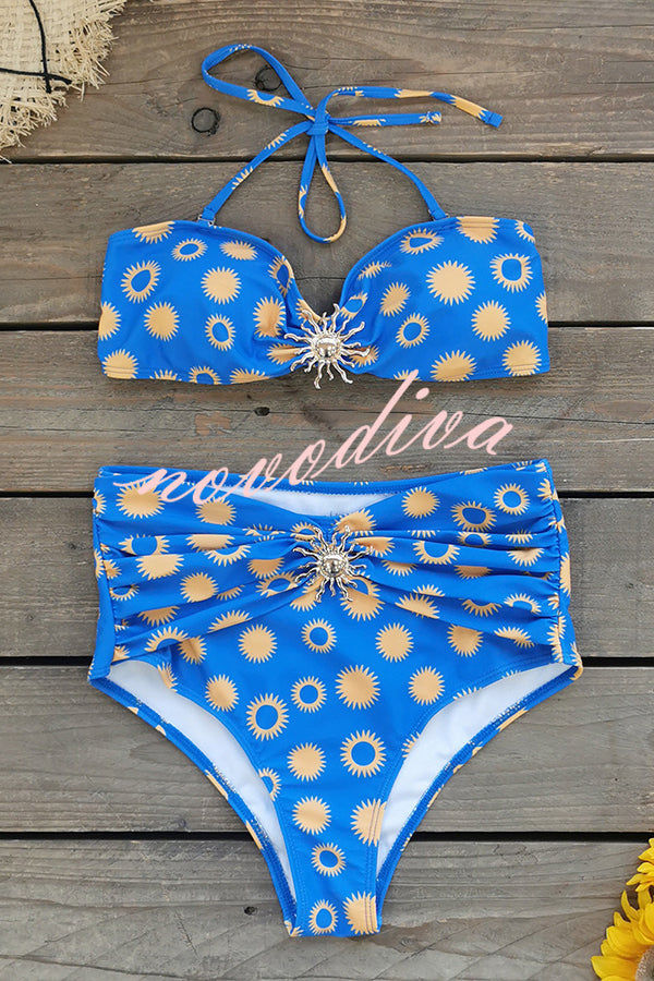 Sun Print Metal Embellishments Stretch Two-piece Bikini Swimsuit