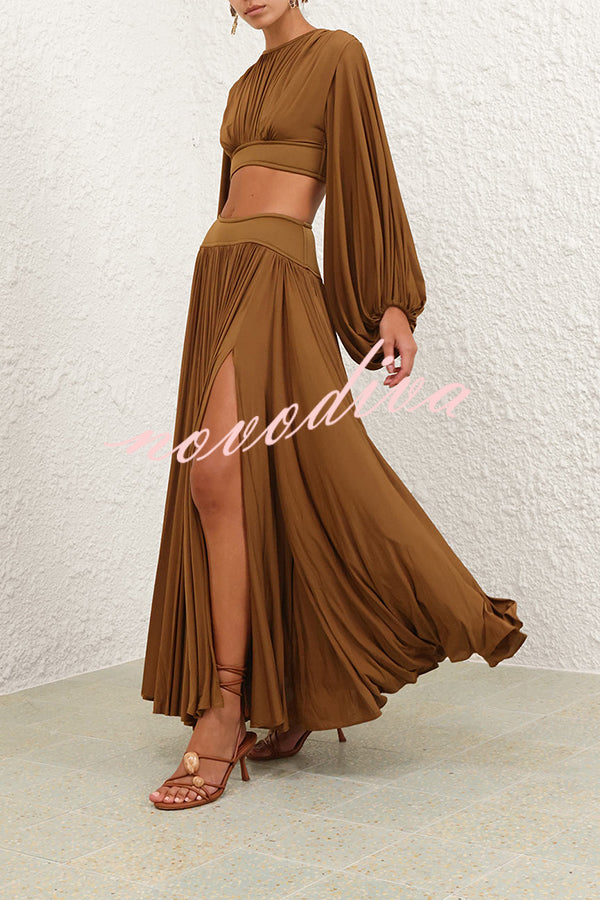 Dramatic Queen Gathered Batwing Sleeve Crop Top and Elastic Waist Slit Maxi Skirt Set