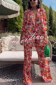 Full of Energy Flower Print Lapel Blazer and Elastic Waist Pocket Pleated Side Hem Pants Set