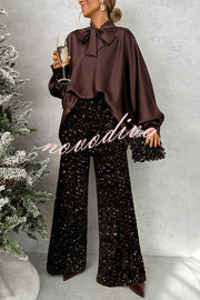 Chic and Merry Velvet Sequin High Rise Elastic Waist Flare Pants