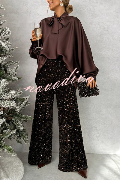 Chic and Merry Velvet Sequin High Rise Elastic Waist Flare Pants
