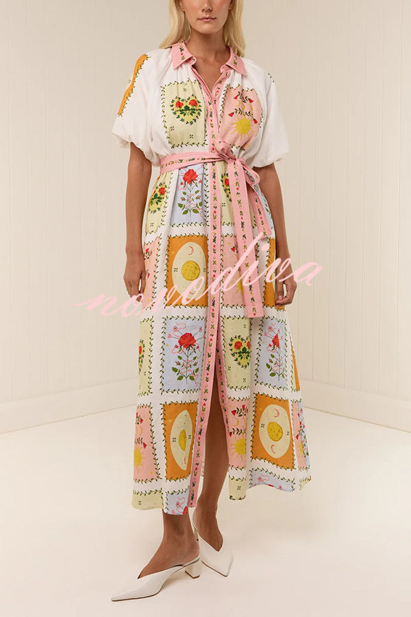 Lily Song Linen Blend Unique Print Short Sleeve Tie-up Shirt Maxi Dress