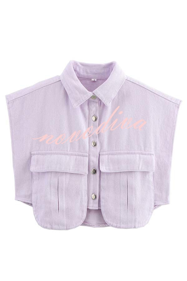 Stylish Weekend Denim Button Up Cape Sleeve Pocket Crop Top