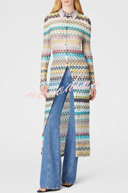 Anna Knit Colorful Herringbone Print Shirt Neck Button Long Sleeve Slim-fit Long Cardigan