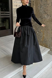Solid Color Velvet Patchwork High Neck Long Sleeve Maxi Dress