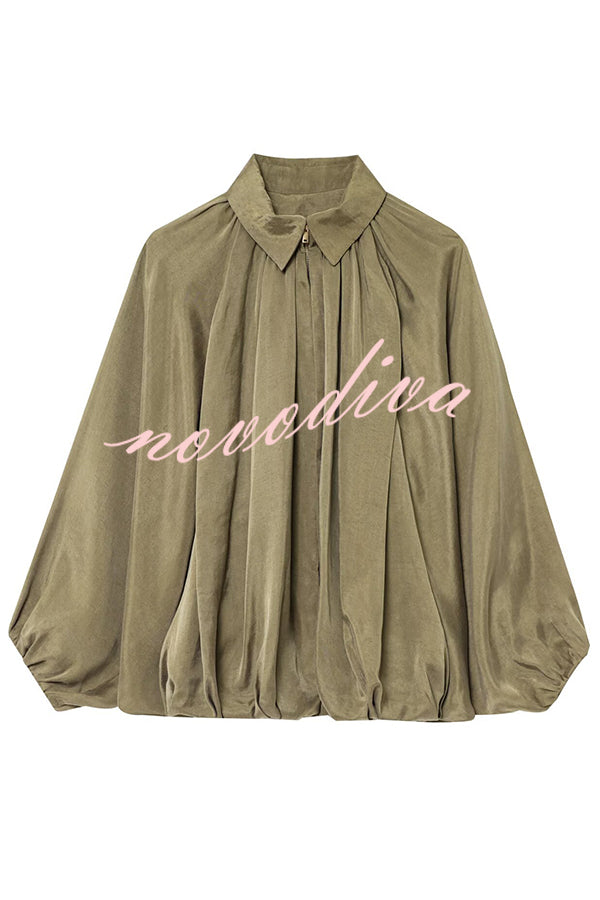 Fashion Lapel Loose Puff Long Sleeve Casual Zipper Jacket