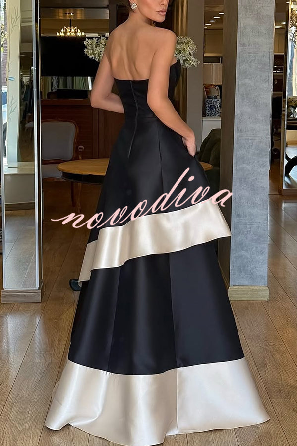 Vivian Satin Contrast Color Sweetheart Bandeau Neck Pocket Layered Maxi Dress