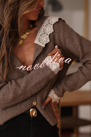 Fashionable Lace-trimmed Sailor Collar Casual Knit Cardigan