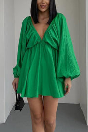 V Neck Puff Sleeve Solid Color Resort Style Mini Dress