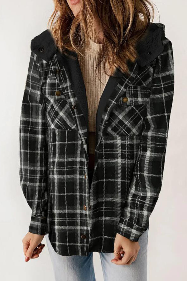 Fashion Plaid Long Sleeve Pocket Casual Hooded Jacket