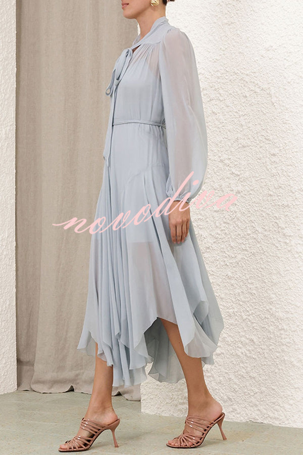 Elegant and Graceful Tie-up Neck Long Balloon Sleeve Handkerchief Midi Dress