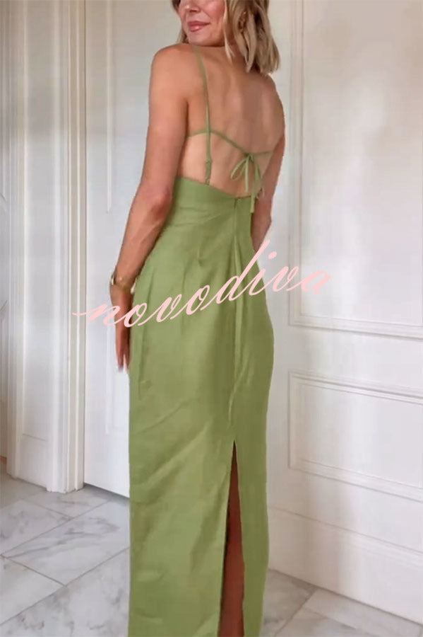 Sharyn Linen Blend Bodice Cutout Back Tie-up Slit Slip Maxi Dress