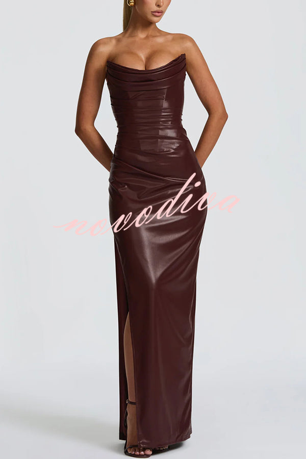 Alba Faux Leather Pleated Off Shoulder Neck Slit Stretch Maxi Dress