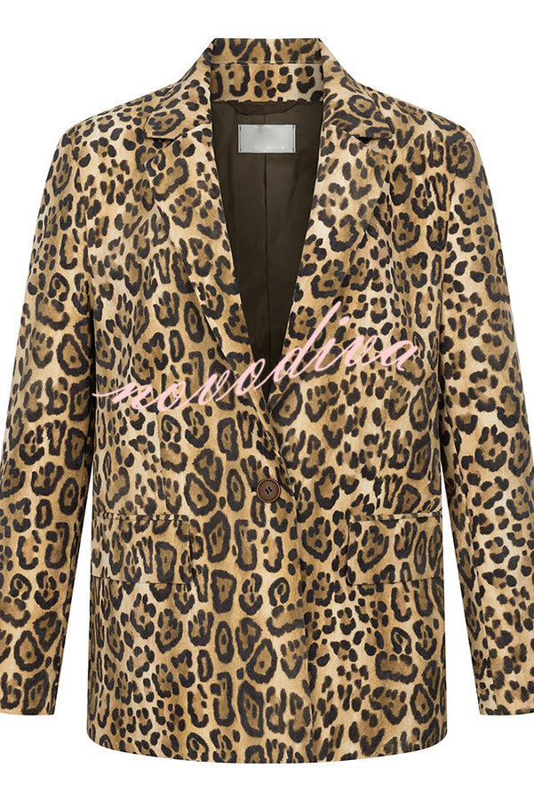 Catwalk Leopard Single Button Long Sleeve Pocketed Lapel Boyfriend Blazer