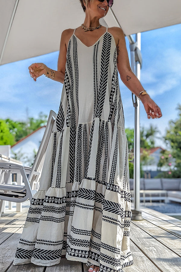 Away on Vacay Ethnic Print A-line Cami Maxi Dress