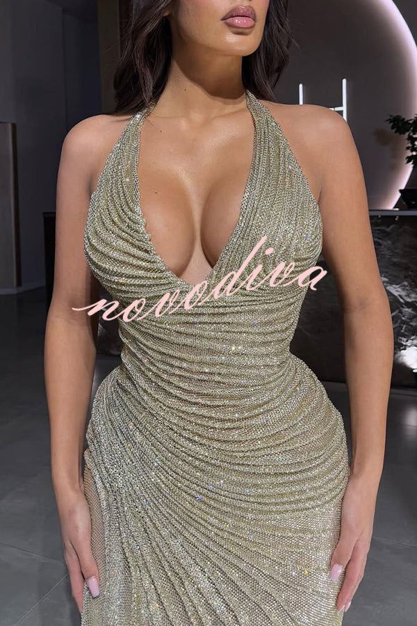 Edeita Sequin Pleated Design Deep Halter U-neck Slit Drape Gown Maxi Dress
