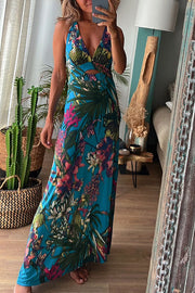 Rainforest Paradise Tropical Print Cutout Back Crossover Stretch Maxi Dress