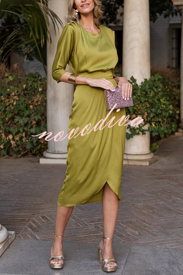 Satin Solid Color Round Neck Half Sleeve Waist Midi Dress