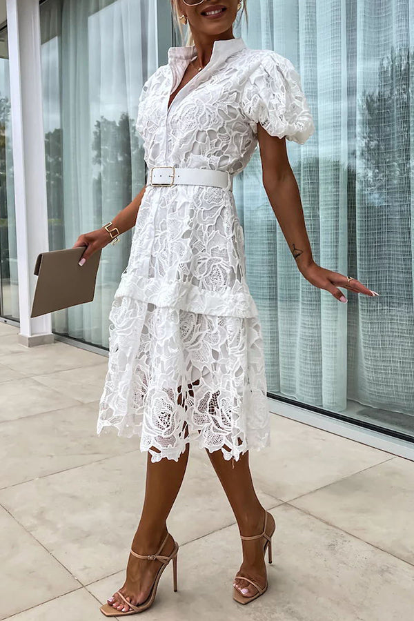 Absolutely Elegant Floral Crochet Lace Puff Sleeve Belted Shirt Midi Dress