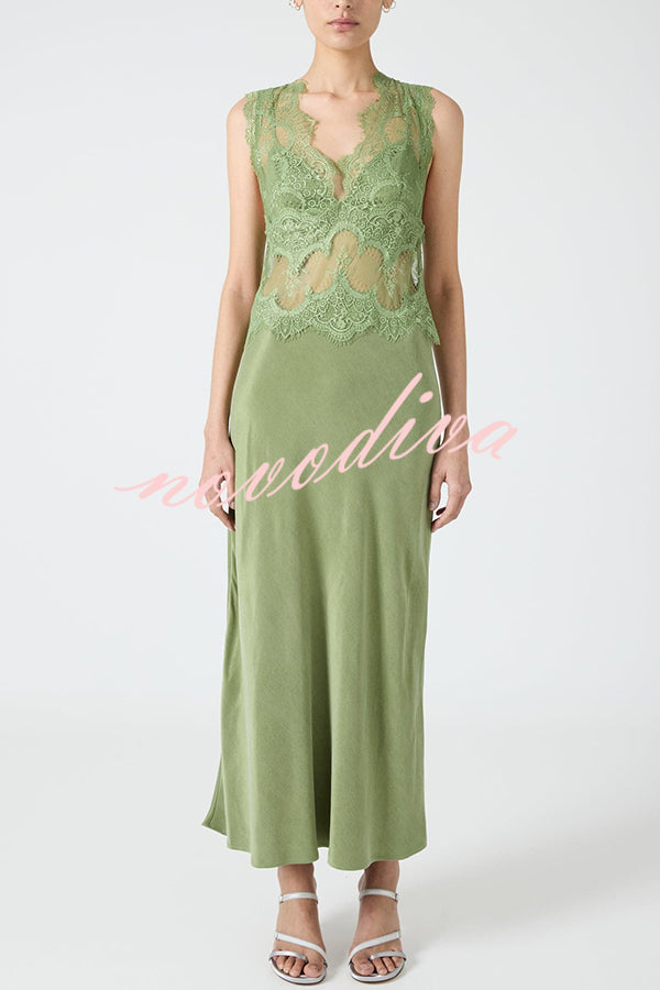 Wonderful Fusion Satin Lace Trim See-through Waist V-neck Drape Maxi Dress