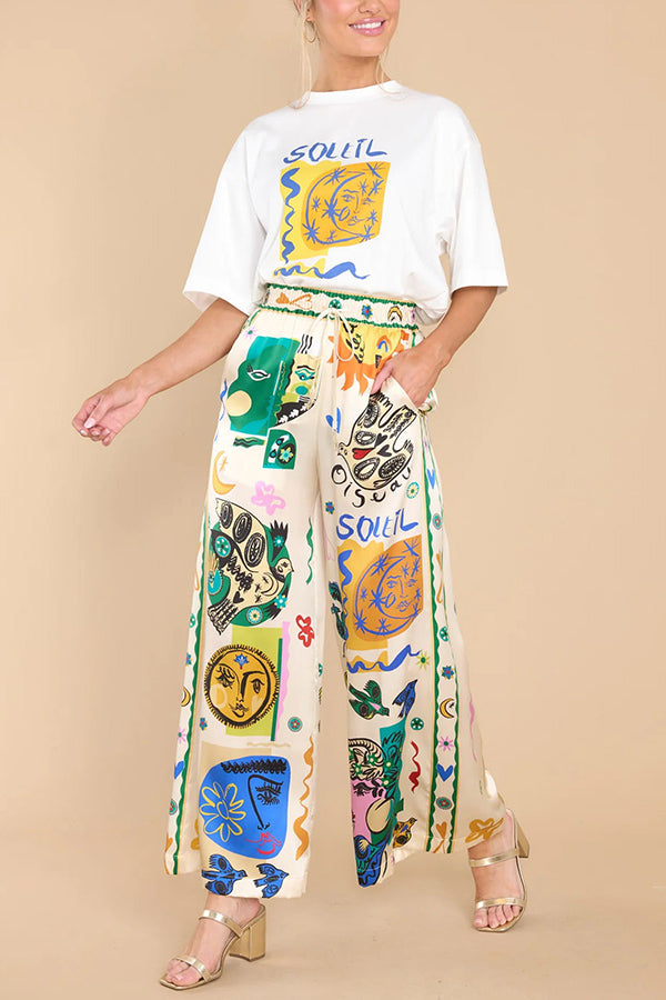 Special Meralda Unique Printed Elastic Waist Pocketed Wide Leg Pants