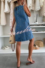 Floral Print Round Neck Sleeveless Loose Denim Mini Dress