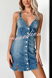 Sexy V-neck Open Back Button Slim Fit Denim Mini Dress