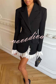 Cue The Chic Lace Trim Button Long Sleeve Lapel Blazer Mini Dress