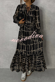 Unique Printed V-neck Tie-up Waist Long-sleeve Maxi Dress