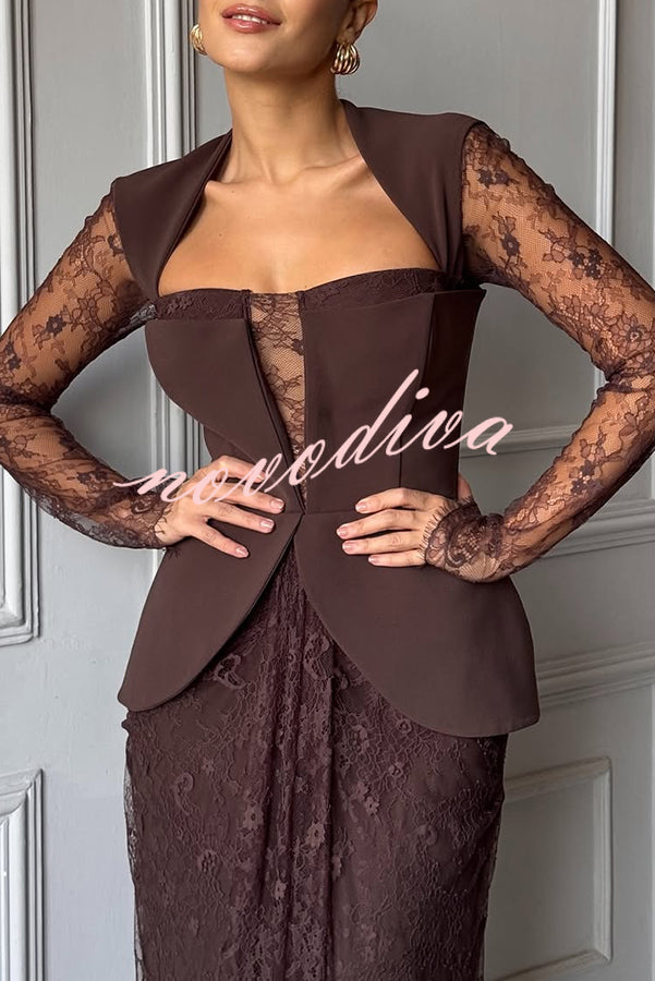 Belle Contrast Sheer Lace Fabric Patchwork Square Neck Long Sleeve Drape Maxi Dress