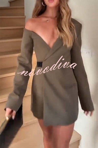 Sartoria Asymmetrical Off Shoulder Contrast Tab Button Long Sleeve Blazer Mini Dress