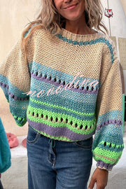 Rainbow Mood Multicolor Round Neck Hollow Long Sleeve Knitted Sweater