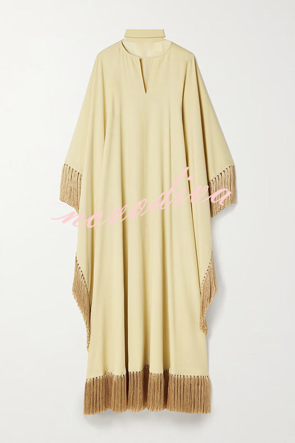 Excellent Drape Crepe Ribbon Neck Fringed Trim Kaftan Maxi Dress