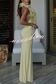 Vacay Mode Ruffles Trim Halter Backless Stretch Maxi Dress