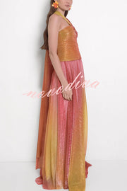 Vireya Metallic Fabric Gradient Print Ruched Cutout Halter Maxi Dress