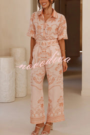 Linen Blend Lapel Puff Sleeve Loose Shirt and Casual Pocket Straight Pants Set