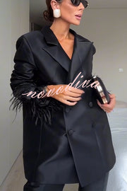 Chic Affair Satin Feather Trim Lapel Loose Blazer and High Rise Pocket Tapered Pants Set