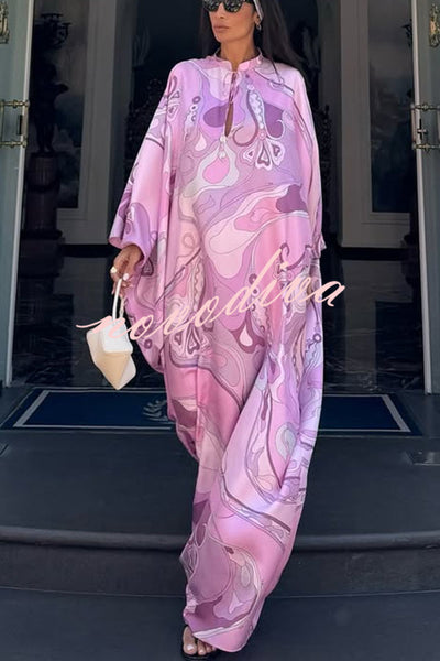 Gayle Satin Unique Print Stand Tie-up Neck Loose Kaftan Maxi Dress