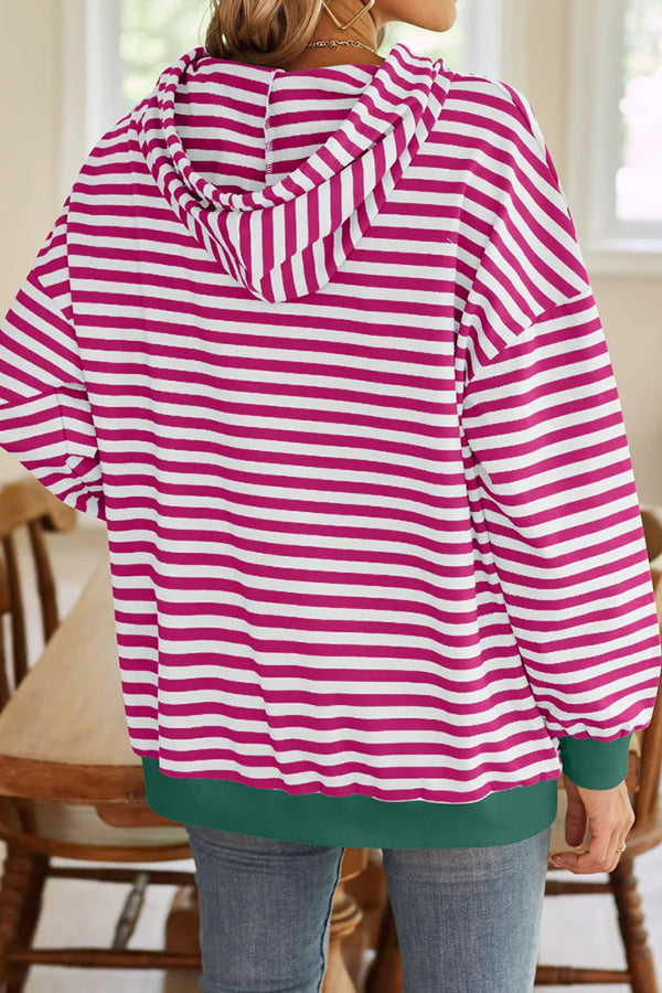 Striped Print Long Sleeve Pocket Loose Hoodie