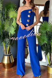 Solid Color Sexy Tube Top Gold Button Embellished Bootcut Jumpsuit