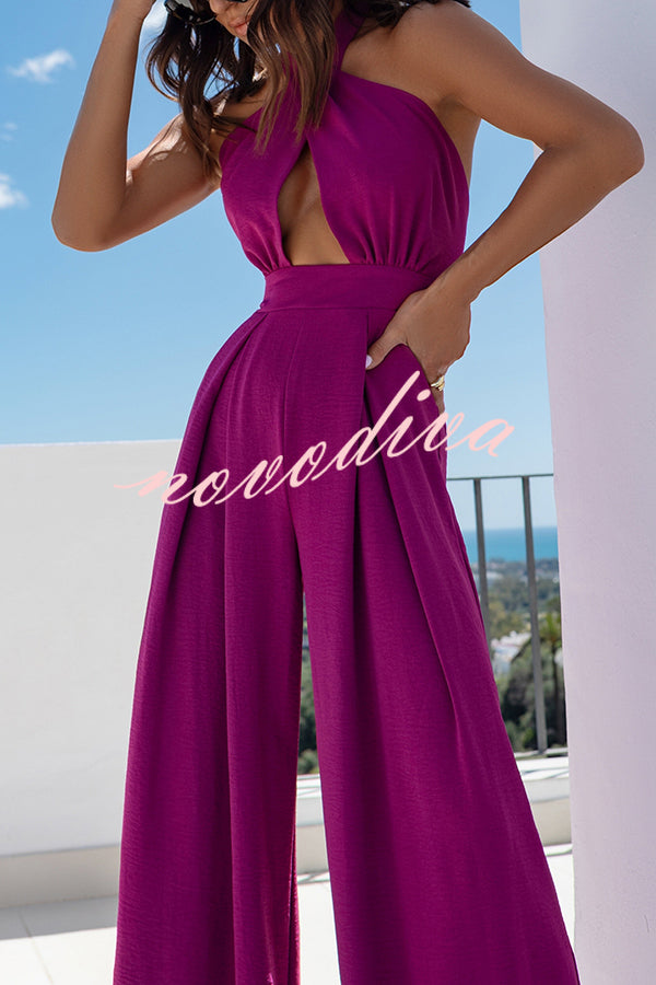 Easy Mode Cross-neck Halter Strap Backless Wide Leg Jumpsuit